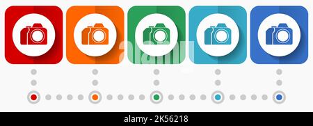 Appareil photo, icônes vectorielles photographiques, modèle d'infographie, jeu de symboles de conception plate dans 5 options de couleurs Illustration de Vecteur