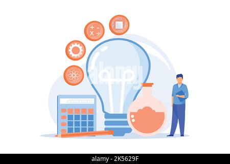 MODÈLE D'éducation STEM. Programme d'apprentissage, domaines d'études de base, sujets scolaires. Ampoule avec icônes de sciences, de technologie, d'ingénierie et de mathématiques Illustration de Vecteur