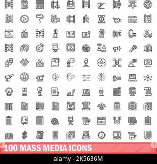 100 icônes de média de masse définies.Illustration du contour de 100 icônes de média de masse ensemble de vecteurs isolés sur fond blanc Illustration de Vecteur