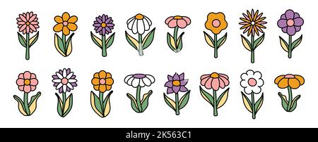 Collection de fleurs en fleurs simples dans le style hippie psychédélique 1970s. Jeu d'autocollants graphiques de style rétro. Arrière-plan groovy. Contour modifiable Illustration de Vecteur