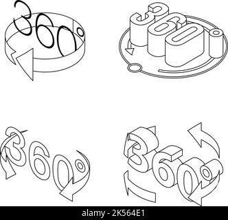 icônes à 360 degrés définies. Ensemble isométrique d'icônes vectorielles à 360 degrés avec contour isolé sur fond blanc Illustration de Vecteur