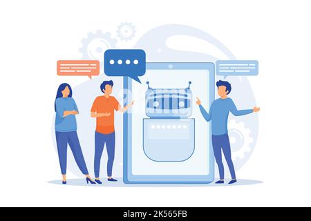 Les professionnels communiquent avec l'application de dialogue en ligne. Intelligence artificielle de Chatbot, service de talkbots, concept interactif de support d'agent. Vector Ill Illustration de Vecteur