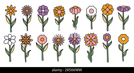 Collection de fleurs en fleurs simples dans le style hippie psychédélique 1970s. Jeu d'autocollants graphiques de style rétro. Arrière-plan groovy. Contour modifiable Illustration de Vecteur
