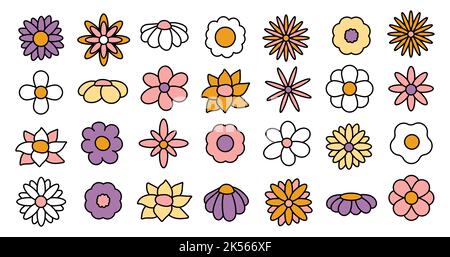 Collection de fleurs en fleurs simples dans le style hippie psychédélique 1970s. Jeu d'autocollants graphiques de style rétro. Arrière-plan groovy. Contour modifiable Illustration de Vecteur