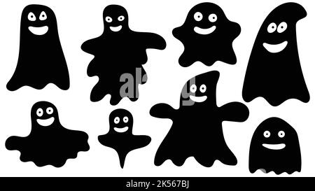 Un ensemble de fantômes amusants et effrayants Halloween. Personnage fantôme avec un visage aux vacances, des fracas amusants. Silhouette apparition secouée. Vecteur isolé Illustration de Vecteur