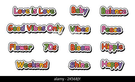 Ensemble de textes et de phrases rétro taille basse. Une collection d'autocollants de mot groovy avec une Vibe de 70s 60s polices. Jolis patchs avec Y2K textes. Illustration Illustration de Vecteur
