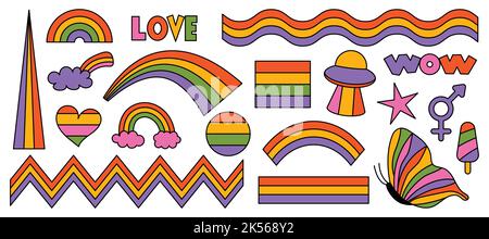 Ensemble d'éléments psychédéliques arc-en-ciel rétro et cool d'hipster. Une collection de groovy irisée de la 70s. Modifiable trait. Conception abstraite de Illustration de Vecteur