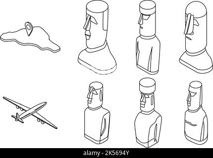 Ensemble d'icônes de l'île de Pâques. Ensemble isométrique d'icônes vectorielles de l'île de Pâques avec contour isolé sur fond blanc Illustration de Vecteur