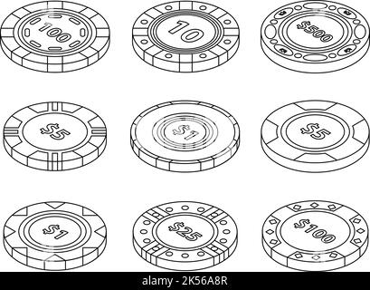 Jeux d'icônes de jetons de casino. Ensemble isométrique d'icônes vectorielles de jetons de casino contours isolés sur fond blanc Illustration de Vecteur