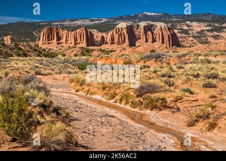 Falaises cannelées en grès, Middle Desert Wash, Upper Cathedral Valley, Thousand Lake Mountain in dist, Middle Desert, Capitol Reef Natl Park, Utah, États-Unis Banque D'Images