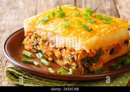 Escondidinho cuisine brésilienne typique à base de pommes de terre et de poulet dans la plaque sur la table. Horizontale Banque D'Images