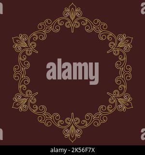 Cadre doré rond oriental avec éléments arabesques et floraux. Bordure fleurie dorée avec motif vintage. Carte de vœux avec emplacement pour le texte Banque D'Images