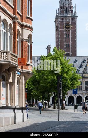 Louvain, Brabant flamand - Belgique - 06 20 2021 vue sur les rues et la tour de l'hôtel de ville Banque D'Images