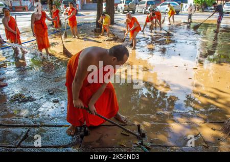 Chiang Mai, Thaïlande. 5th octobre 2022. Les moines nettoient un temple dans le quartier de Muang de Chiang Mai au lendemain. La situation des inondations à Chiang Mai, dans la partie nord de la Thaïlande, s'est facilitée par la diminution des niveaux d'eau. Les inondations ont endommagé les zones commerciales, la route Chang Khlan et le bazar nocturne. (Credit image: © Pongmanat Tasiri/SOPA Images via ZUMA Press Wire) Banque D'Images