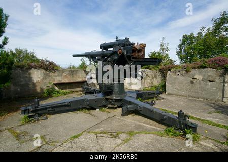 Arme antiaérienne à un fort de défense côtière en Norvège (fort Tueneset, construit par des Allemands pendant la Seconde Guerre mondiale avec des batteries et des bunkers) Banque D'Images