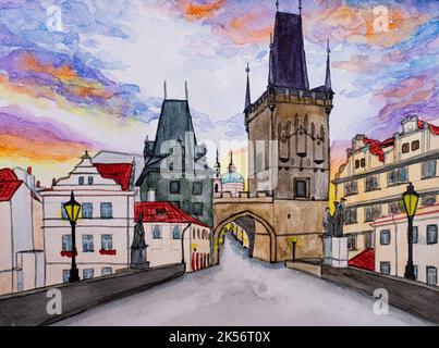 Pont Charles, Prague, République tchèque, aquarelle Banque D'Images