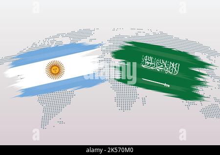 Argentine vs Arabie Saoudite ballon de football dans le design de drapeau sur la carte du monde fond pour le tournoi de football, vecteur pour le modèle de match de sport ou bannière. Illustration de Vecteur