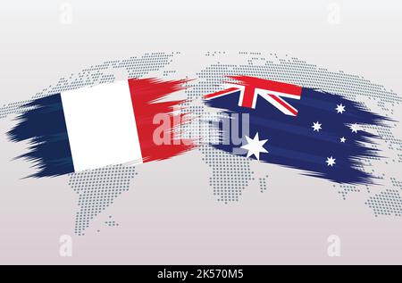 France vs Australie ballon de football en drapeau sur fond de carte du monde pour tournoi de football, vecteur pour modèle de match de sport ou bannière. Illustration de Vecteur