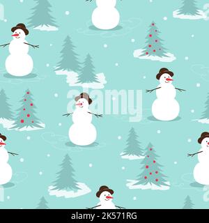 Motif joyeux Noël sans coutures avec bonhomme de neige et sapins. Nouvel an en hiver Illustration de Vecteur