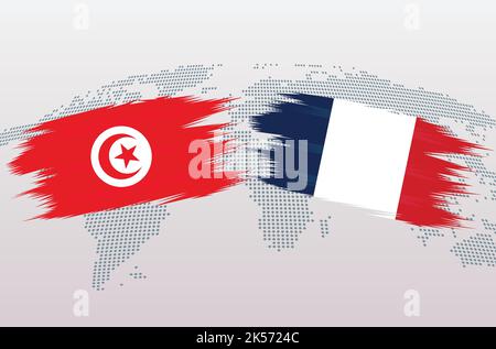 Tunisie vs France ballon de football en motif drapeau sur fond de carte du monde pour tournoi de football, vecteur pour modèle de match de sport ou bannière. Illustration de Vecteur