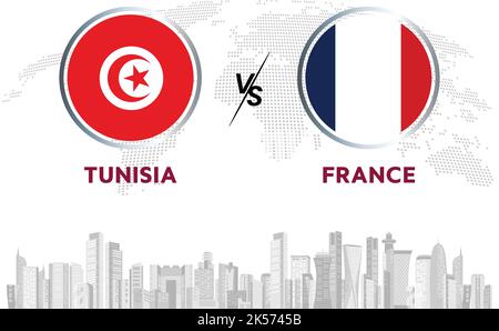 Tunisie vs France ballon de football en motif drapeau sur fond d'horizon Qatar pour tournoi de football, vecteur pour modèle de match de sport ou bannière. Illustration de Vecteur