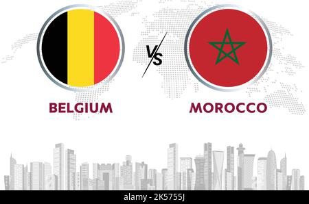 Belgique vs Maroc ballon de football en drapeau sur fond d'horizon Qatar pour tournoi de football, vecteur pour modèle de match de sport ou bannière. Illustration de Vecteur