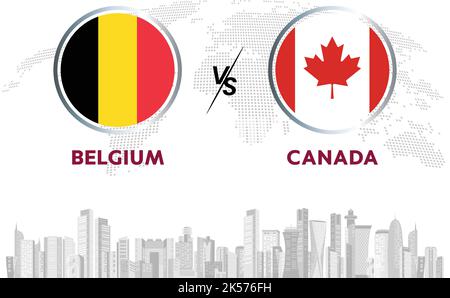 Belgique vs ballon de football du Canada en motif drapeau sur fond d'horizon du Qatar pour un tournoi de football, vecteur pour un modèle de match de sport ou bannière. Illustration de Vecteur