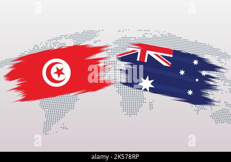 Tunisie vs Australie ballon de football dans le motif drapeau sur la carte du monde fond pour le tournoi de football, vecteur pour le modèle de match de sport ou bannière. Illustration de Vecteur