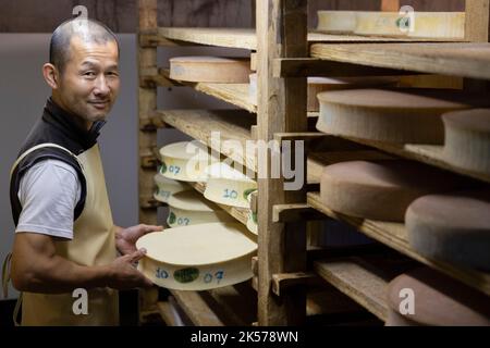 France, haute-Savoie (74), massif des Bauges, Alpage de la Combe des Villards, visite guidée en famille de la ferme des connaisseurs, production de fromage AOP Banque D'Images