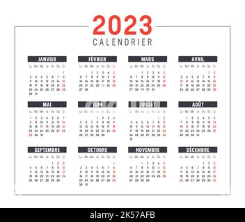 Calendrier de l'année 2023, en français, isolé sur fond blanc. Modèle vectoriel. Illustration de Vecteur