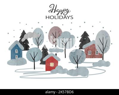 Carte de Noël avec arbres et maisons aquarelles. Ville vectorielle paysage d'hiver Illustration de Vecteur