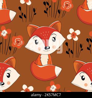 Motif sans couture avec bébé renard mignon sur fond de couleur. Animaux de forêt amusants. Carte, cartes postales pour enfants. Illustration vectorielle plate pour tissu, textile Illustration de Vecteur