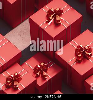 Les boîtes-cadeaux de Noël sont utilisées à la fois comme carreaux de texture et comme modèles. Les cadeaux du Père Noël sont décorés en rouge pour les fêtes de Noël et Banque D'Images