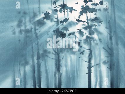 Forêt de pins sur fond d'aquarelle brumeuse Banque D'Images