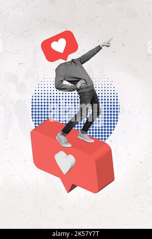 Image verticale de collage créatif de coeur positif de nab comme la bulle de notification des médias sociaux au lieu de tête point vers l'avant stratégie de direction Banque D'Images