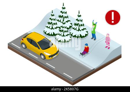 Un enfant isométrique sur un traîneau sort sur la route en hiver devant une voiture qui passe. Situation dangereuse sur la route. Attention aux personnes sur la route. Illustration de Vecteur