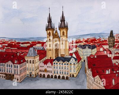 Hautes tours de l'église de Tyn dans la ville de Prague. Aquarelle Banque D'Images