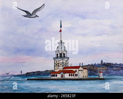 Istanbul Maiden Tower (kiz kulesi) avec vol en mouette - Istanbul, Turquie. Aquarelle. Banque D'Images