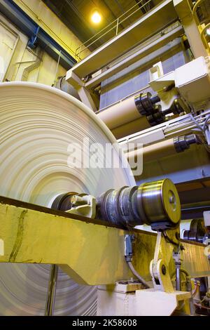 De gros rouleaux de papier sortent de la machine dans une usine de papeterie. Banque D'Images