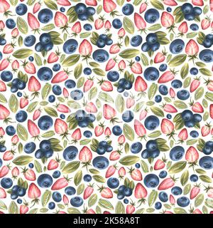 Motif sans couture avec fraises et bleuets, feuilles sur fond blanc. Illustration aquarelle d'un grand ensemble de BONBONS. Pour la décoration Banque D'Images