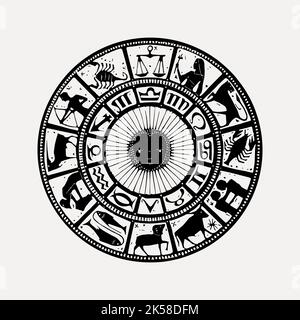 Roulette de zodiaque dessinée à la main, vecteur d'illustration d'astrologie. Illustration de Vecteur