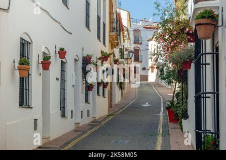 Rues étroites dans le centre d'Estepona, ville andalouse typique, avec des maisons blanches ornées de pots de fleurs colorées situé sur la Costa del sol, M. Banque D'Images