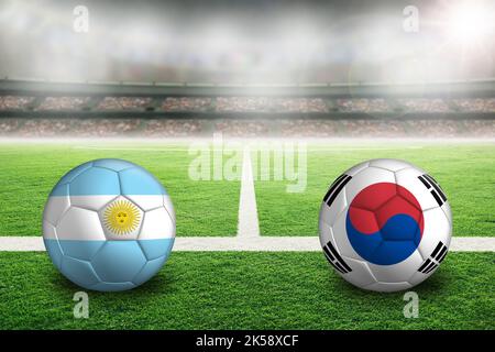 Uruguay contre la République de Corée football dans un stade en plein air lumineux avec des drapeaux sud-coréens et uruguayens peints. Concentrez-vous sur le premier plan et le ballon de football Banque D'Images
