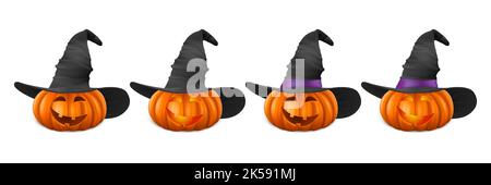 Ensemble de citrouille d'Halloween Vector avec chapeau de sorcière. Mignon Jack-o-lanternes, visage de citrouille sculpté pour invitations, cartes, emballage, emballage, bannières Design. 3d Illustration de Vecteur