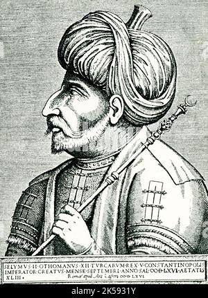 La légende de cette image de 1910 se lit comme suit : “Sultan Selim II image par Antonio Ladreri. Après un original à la Bibliothèque nationale de Paris ». Selim II, sous le nom de Sari (« le Blonde ») (1524—mort en 1574) était sultan ottoman à partir de 1566. Son règne a vu la paix en Europe et en Asie et la montée des Ottomans à la domination de la Méditerranée, mais a marqué le début du déclin de la puissance des sultans. Il n'a pas été en mesure d'imposer son autorité sur les Janissaires et a été infirme par les femmes de son harem. Banque D'Images