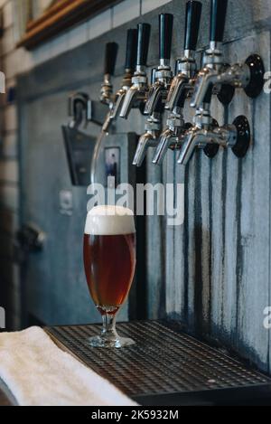 Bière sous les robinets versée à la brasserie locale Banque D'Images