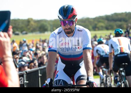 Trois fois champion du monde Peter Sagan de Slovaquie lors des Championnats du monde de cyclisme sur route UCI 2022 à Wollongong, en Australie. Banque D'Images