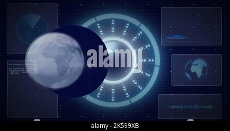 Image du globe sur le traitement des données avec balayage de l'oscilloscope sur fond noir Banque D'Images