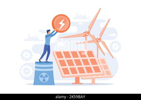 Réacteur atomique, moulin à vent et batterie solaire, production d'énergie. Centrale nucléaire, illustration du vecteur du processus de fission de l'atome Illustration de Vecteur