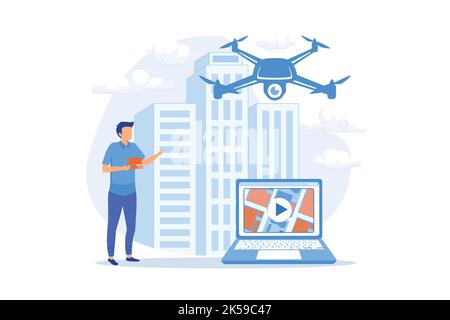 Position de la vue plongeante. Diffusion en direct de droning, vol. Vidéographie aérienne, illustration vectorielle vidéo aérienne professionnelle Illustration de Vecteur